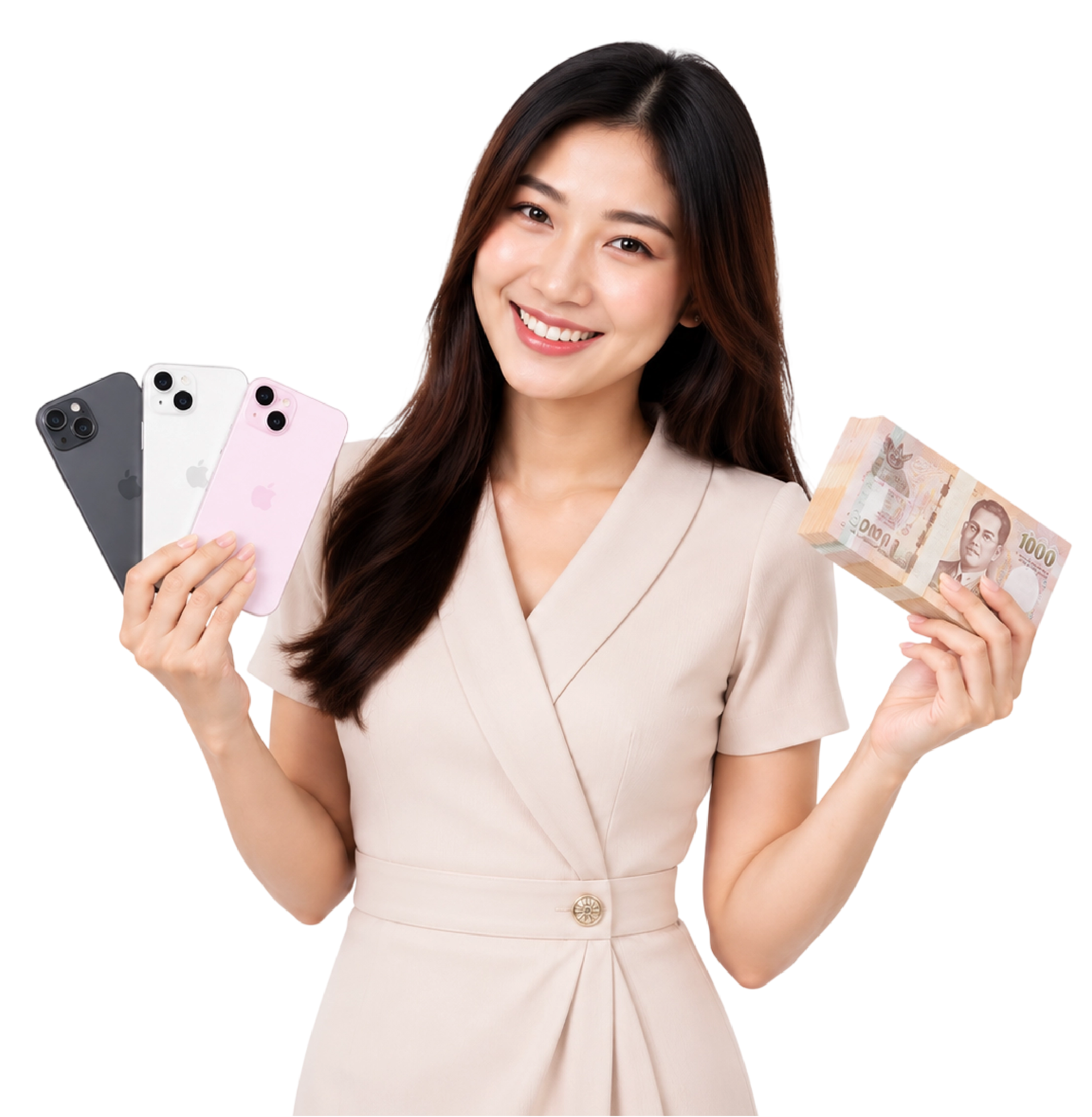 ผู้หญิงถือ iPhone 15 และเงินสดหลังปิดการขาย รับซื้อขายไอโฟน.com รับซื้อ iPhone 15