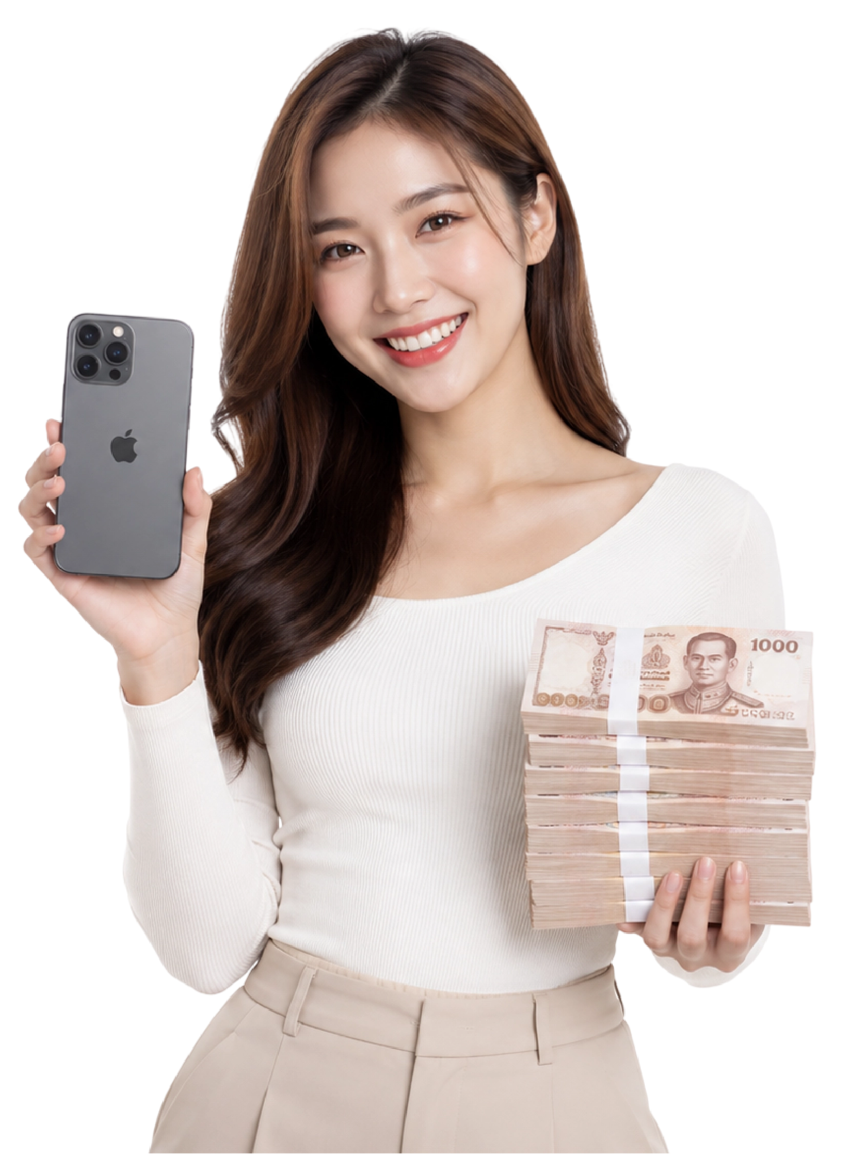 ผู้หญิงถือ iPhone 16 และรับเงินสดทันทีหลังขายเครื่อง รับซื้อขายไอโฟน.com รับซื้อ iPhone 16
