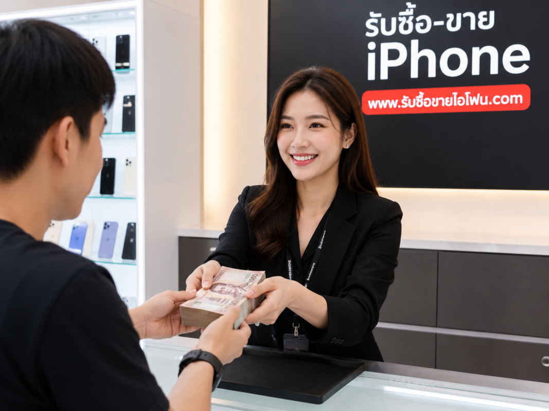 พนักงานส่งมอบเงินสดให้ลูกค้าหลังประเมินราคา iPhone 14 รับซื้อขายไอโฟน.com รับซื้อ iPhone 14