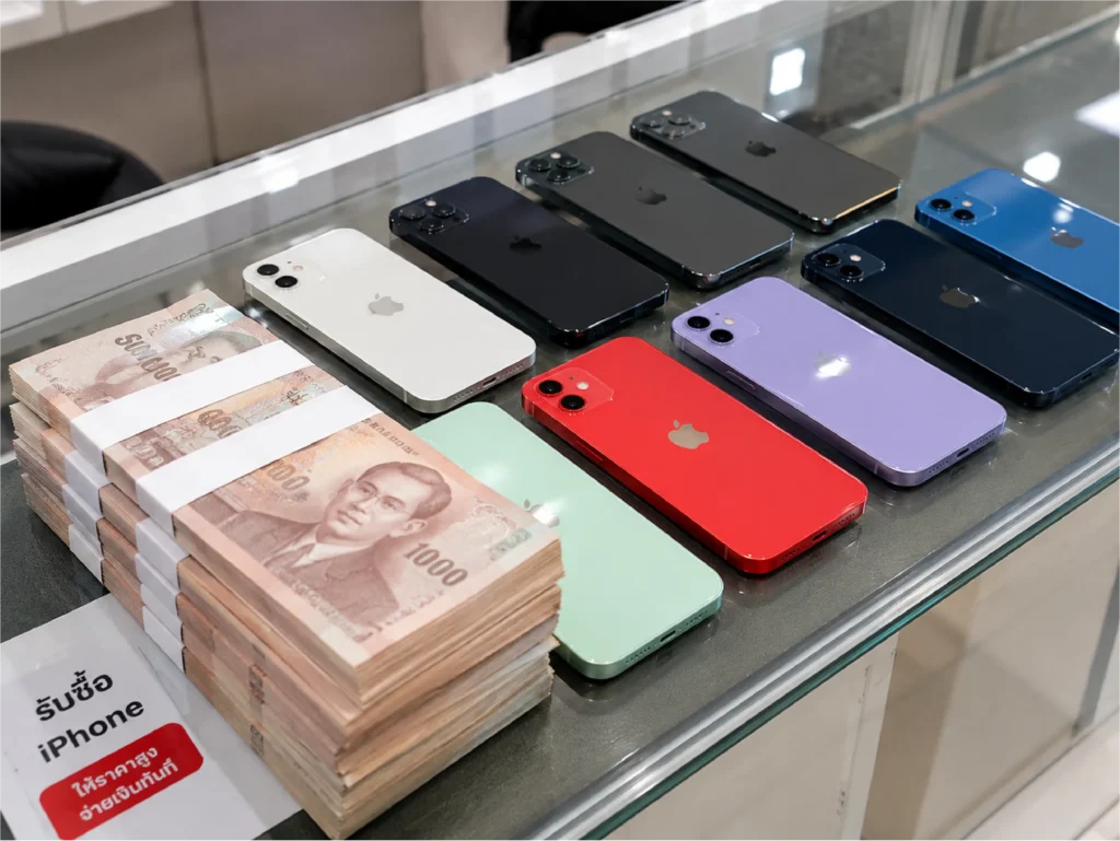 iPhone 12 หลายรุ่นวางเรียงพร้อมเงินสดบนเคาน์เตอร์รับซื้อ